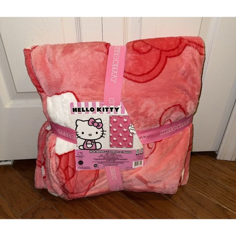 New Hello Kitty with Bow Pink Valentine's Day Plush Blanket‎ TWIN Sanrio